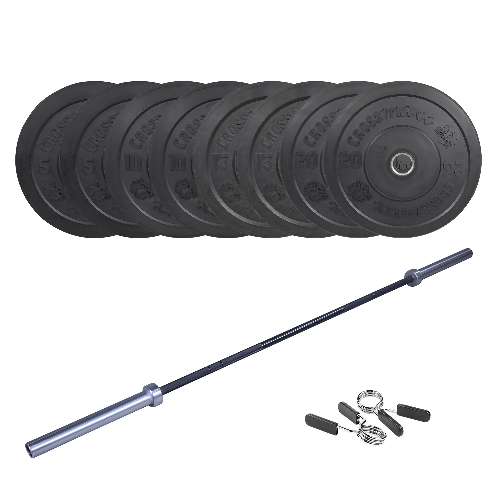 Brug Crossmaxx CF Vægtstangssæt (100 kg skiver + 15 kg vægtstang). Perfekt til crossfit og styrketræning til en forbedret oplevelse
