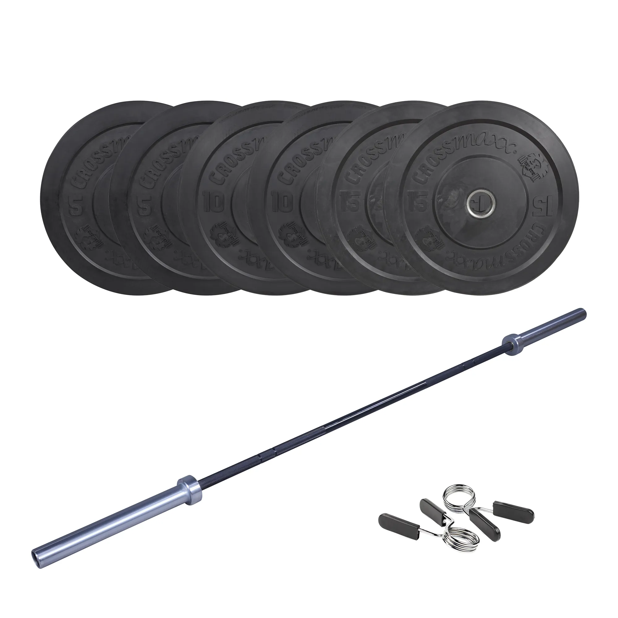 Brug Crossmaxx CF Vægtstangssæt (60 kg skiver + 20 kg vægtstang). Perfekt til crossfit og styrketræning til en forbedret oplevelse