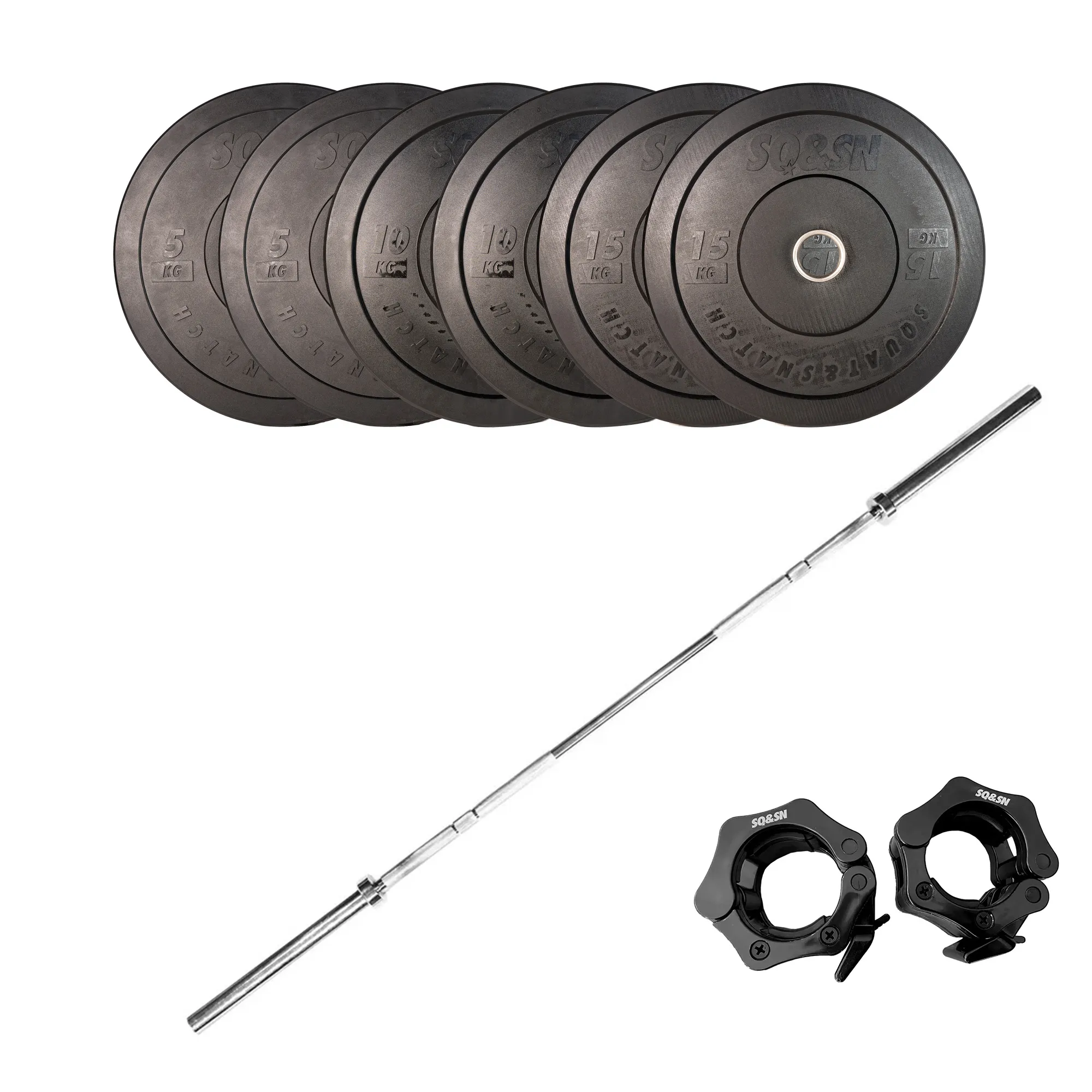 SQ&SN OL Vægtstangssæt 80 kg Sort med bumper plates og lock jaws