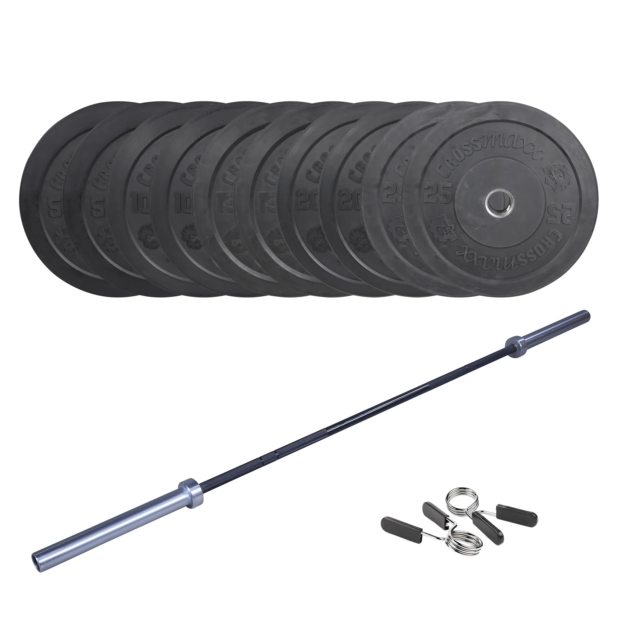 Brug Crossmaxx CF Vægtstangssæt (150 kg skiver + 20 kg vægtstang). Perfekt til crossfit og styrketræning til en forbedret oplevelse