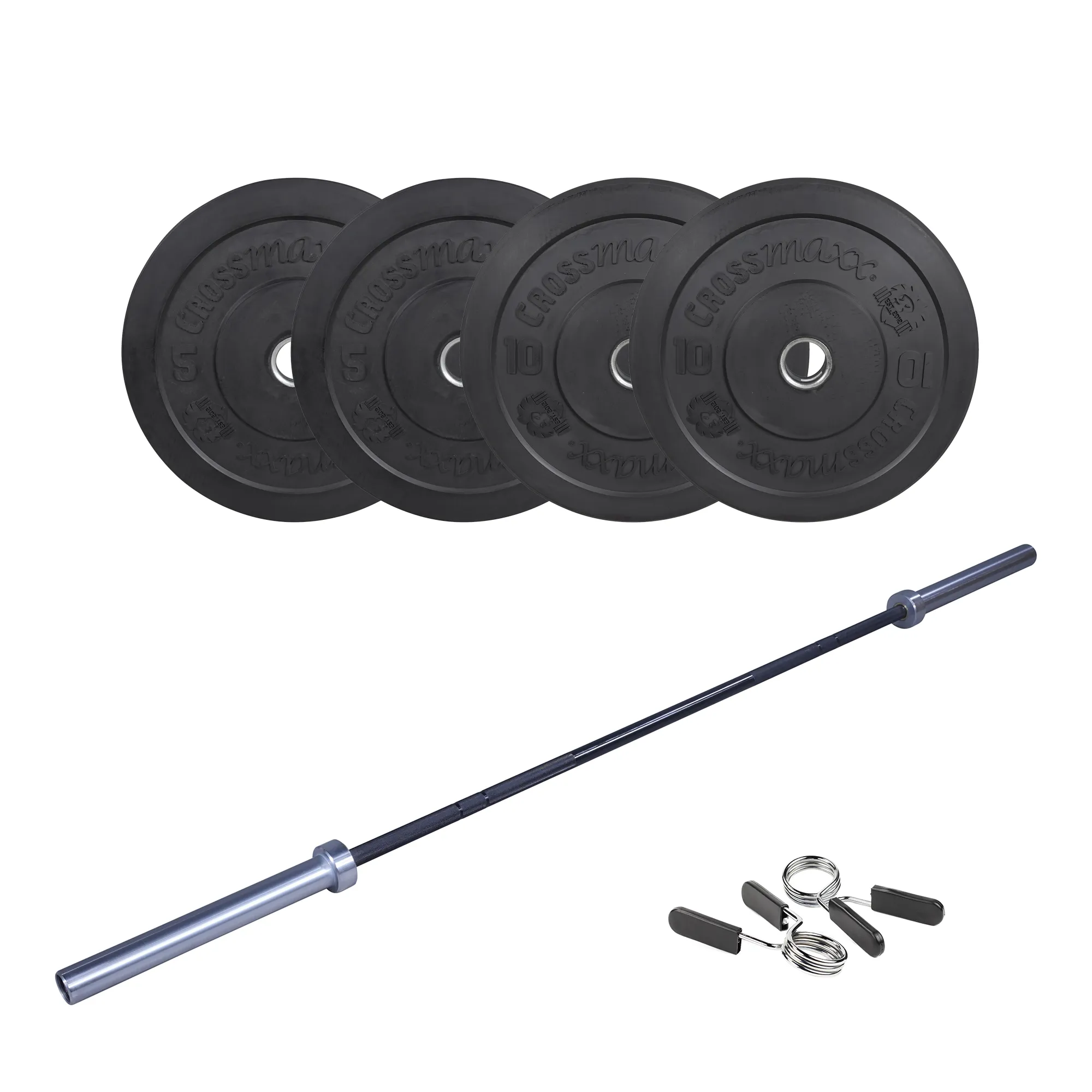 Brug Crossmaxx CF Vægtstangssæt (30 kg skiver + 15 kg vægtstang). Perfekt til crossfit og styrketræning til en forbedret oplevelse