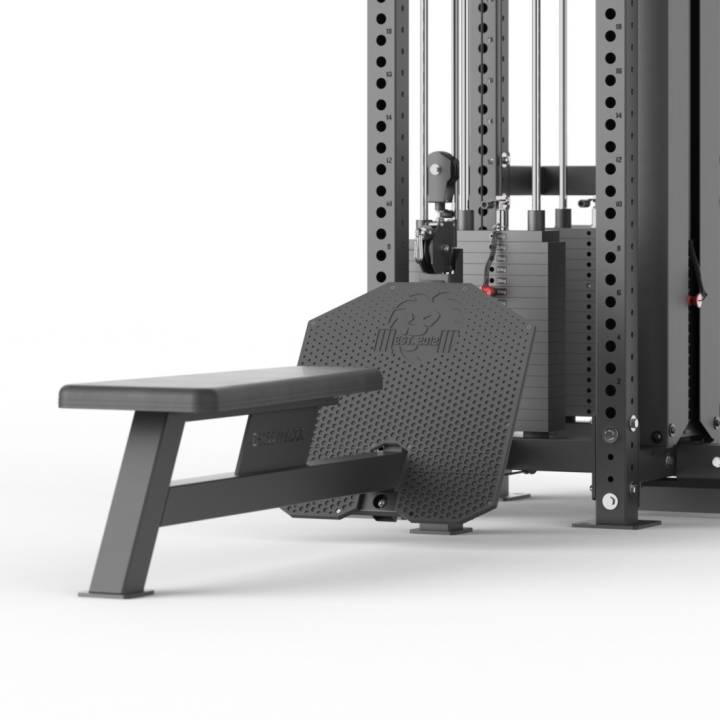 Crossmaxx Cable 5-stack multi-station med bænk til styrketræning og kommercielt fitnesscenter.
